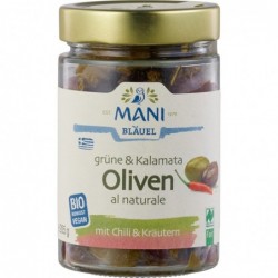 Masline verzi si Kalamata crude cu chili si ierburi 205g...